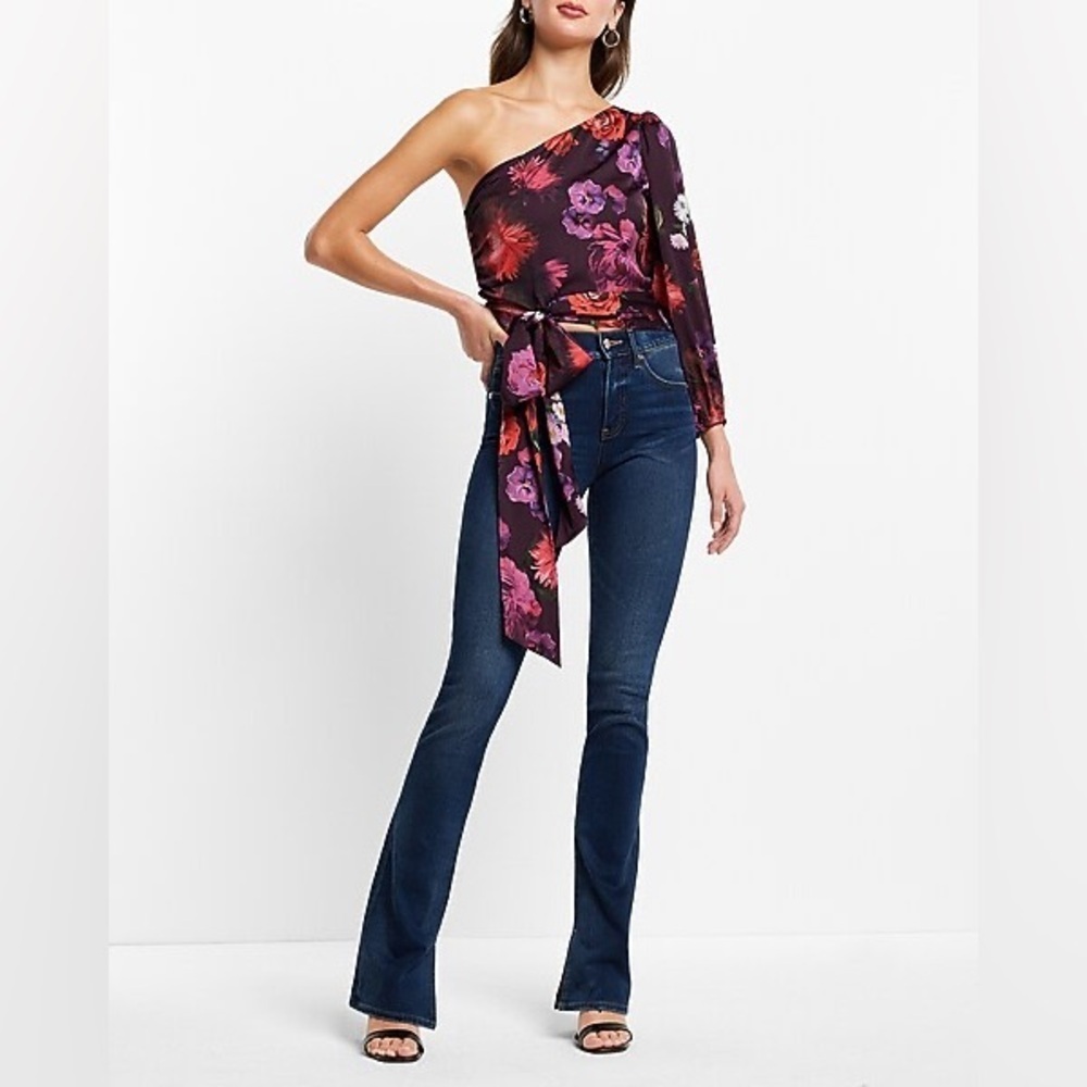 Express Floral One Shoulder Blouse Small Pink Purple Moody Botanical Dramatic - Picture 2 of 12